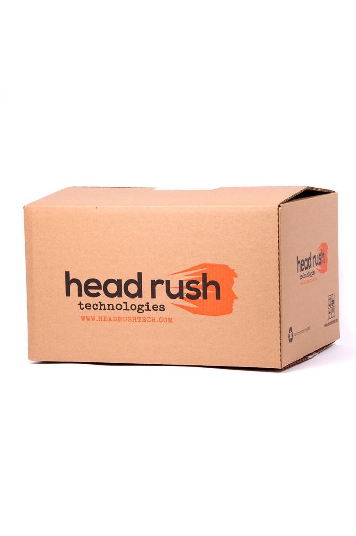 custom shipping box with Head Rush Technologies logo on the side