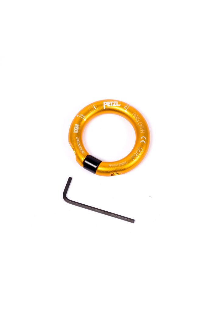 orange Petzl Open Ring with hex wrench rated for climbing and used with the QUICKflight and QUICKflight XL Free Fall Devices for attaching webbing and rip cords