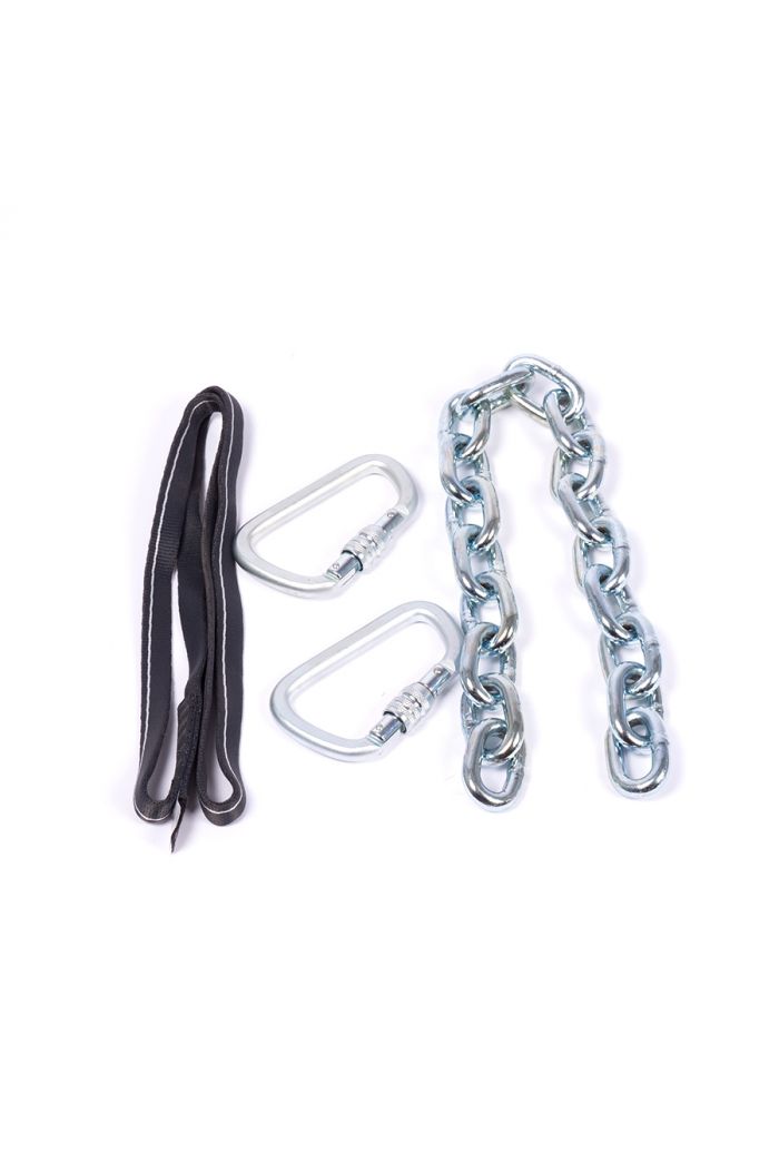 Mounting kit for TRUBLUE Auto Belay and QUICKflight Free Fall Devices including nylon climbing webbing, steel locking carabiners and a steel chain all rated for climbing anchors.
