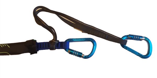 QUICKjump webbing and blue aluminum auto locking carabiner with secondary backup attachment point including another set of black nylon climbing webbing and another blue auto locking carabiner.